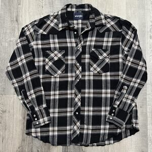 VTG Wrangler Cotton Pearl Snap Western Shirt Black/Grey Plaid Size Mens XL